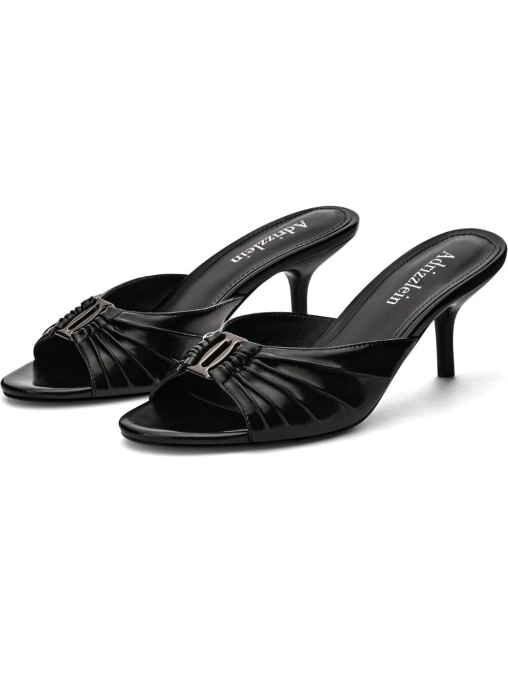 Women's Black Ruched Kitten Heels Metal Round Toe Mules Peep Open Toe Low Heel